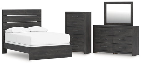 Hollivern 5-Piece Full Panel Bed with Mirrored Dresser and Chest (Full Panel Headboard/Footboard, Full Panel Rails, Dresser, Bedroom Mirror, Chest of Drawers)