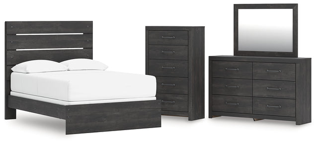 Hollivern 5-Piece Full Panel Bed with Mirrored Dresser and Chest (Full Panel Headboard/Footboard, Full Panel Rails, Dresser, Bedroom Mirror, Chest of Drawers)
