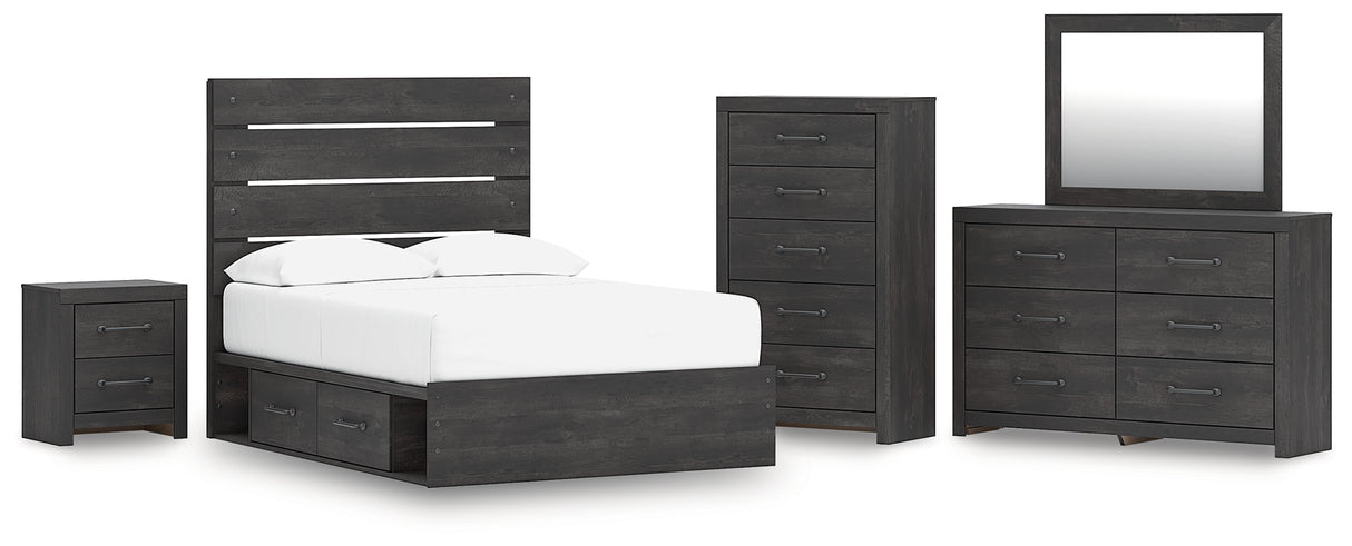 Hollivern 7-Piece Full Panel Bed with Storage with Mirrored Dresser, Chest and Nightstand (Platform Full Roll Slats, Twin/Full Side Storage with Rail, Full Panel Headboard/Footboard, Dresser, Bedroom Mirror, Chest of Drawers, Nightstand)