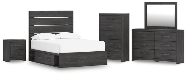 Hollivern 7-Piece Full Panel Bed with Storage with Mirrored Dresser, Chest and Nightstand (Platform Full Roll Slats, Twin/Full Side Storage with Rail, Full Panel Headboard/Footboard, Dresser, Bedroom Mirror, Chest of Drawers, Nightstand)
