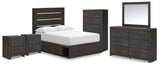 Hollivern 8-Piece Full Panel Bed with Storage with Mirrored Dresser, Chest and 2 Nightstands (Platform Full Roll Slats, Twin/Full Side Storage with Rail, Full Panel Headboard/Footboard, Dresser, Bedroom Mirror, Chest of Drawers, Nightstand, Nightstand)