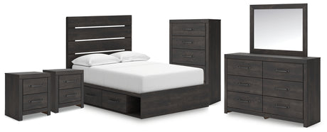 Hollivern 8-Piece Full Panel Bed with Storage with Mirrored Dresser, Chest and 2 Nightstands (Platform Full Roll Slats, Twin/Full Side Storage with Rail, Full Panel Headboard/Footboard, Dresser, Bedroom Mirror, Chest of Drawers, Nightstand, Nightstand)