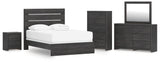 Hollivern 6-Piece Queen Panel Bed with Mirrored Dresser, Chest and Nightstand (Queen Panel Headboard/Footboard, Queen Panel Rails, Dresser, Bedroom Mirror, Chest of Drawers, Nightstand)