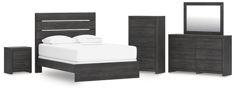 Hollivern 6-Piece Queen Panel Bed with Mirrored Dresser, Chest and Nightstand (Queen Panel Headboard/Footboard, Queen Panel Rails, Dresser, Bedroom Mirror, Chest of Drawers, Nightstand)