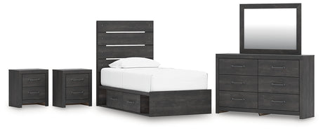 Hollivern 8-Piece Twin Panel Bed with Storage with Mirrored Dresser and 2 Nightstands (Platform Twin Roll Slats, Twin/Full Under Bed Storage, Twin/Full Under Bed Storage, Twin Panel Headboard/Footboard, Dresser, Bedroom Mirror, Nightstand, Nightstand)