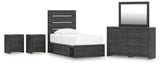 Hollivern 8-Piece Twin Panel Bed with Storage with Mirrored Dresser and 2 Nightstands (Platform Twin Roll Slats, Twin/Full Under Bed Storage, Twin/Full Under Bed Storage, Twin Panel Headboard/Footboard, Dresser, Bedroom Mirror, Nightstand, Nightstand)
