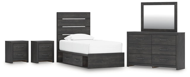 Hollivern 8-Piece Twin Panel Bed with Storage with Mirrored Dresser and 2 Nightstands (Platform Twin Roll Slats, Twin/Full Under Bed Storage, Twin/Full Under Bed Storage, Twin Panel Headboard/Footboard, Dresser, Bedroom Mirror, Nightstand, Nightstand)