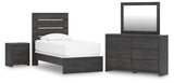 Hollivern 5-Piece Twin Panel Bed with Mirrored Dresser and Nightstand (Twin Panel Headboard/Footboard, Twin Panel Rails, Dresser, Bedroom Mirror, Nightstand)