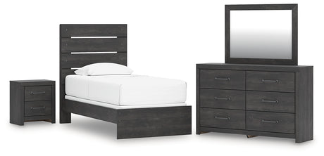 Hollivern 5-Piece Twin Panel Bed with Mirrored Dresser and Nightstand (Twin Panel Headboard/Footboard, Twin Panel Rails, Dresser, Bedroom Mirror, Nightstand)