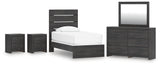 Hollivern 6-Piece Twin Panel Bed with Mirrored Dresser and 2 Nightstands (Twin Panel Headboard/Footboard, Twin Panel Rails, Dresser, Bedroom Mirror, Nightstand, Nightstand)