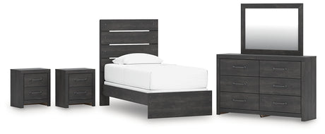Hollivern 6-Piece Twin Panel Bed with Mirrored Dresser and 2 Nightstands (Twin Panel Headboard/Footboard, Twin Panel Rails, Dresser, Bedroom Mirror, Nightstand, Nightstand)
