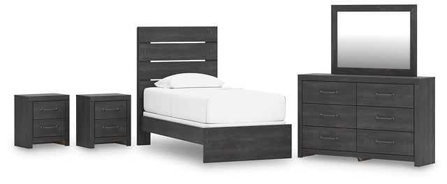 Hollivern 6-Piece Twin Panel Bed with Mirrored Dresser and 2 Nightstands (Twin Panel Headboard/Footboard, Twin Panel Rails, Dresser, Bedroom Mirror, Nightstand, Nightstand)