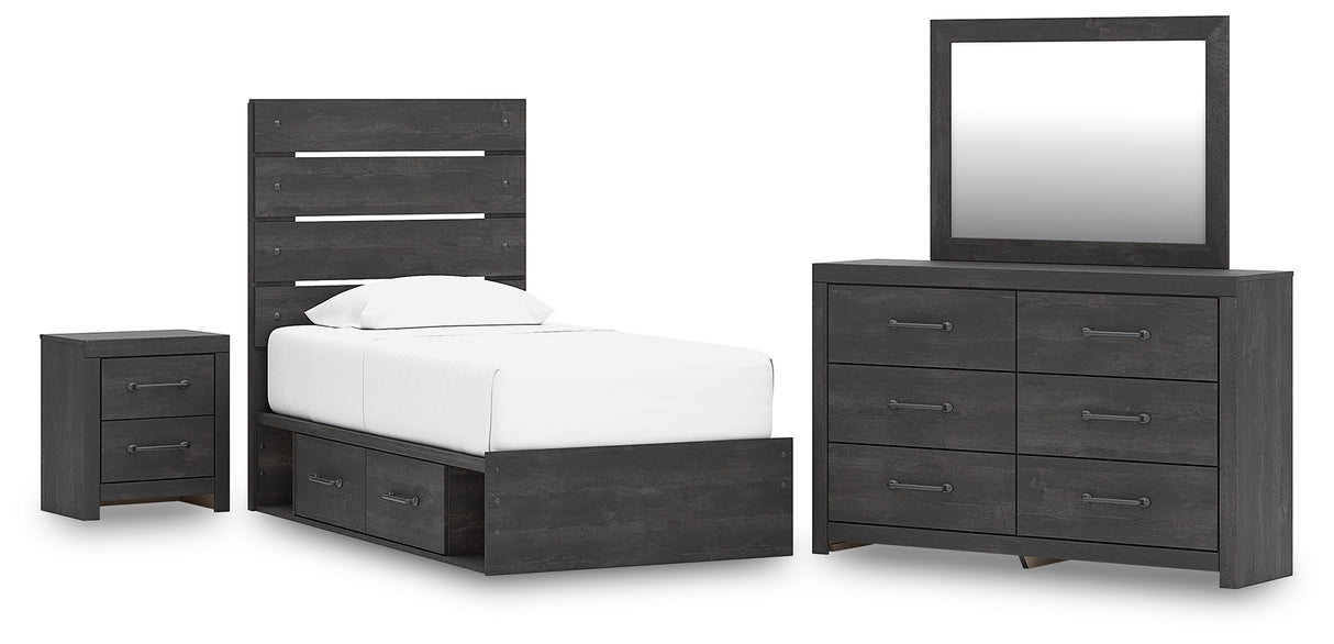 Hollivern 6-Piece Twin Panel Storage Bed with Mirrored Dresser and Nightstand (Platform Twin Roll Slats, Twin/Full Side Storage with Rail, Twin Panel Headboard/Footboard, Dresser, Bedroom Mirror, Nightstand)