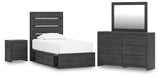 Hollivern 6-Piece Twin Panel Storage Bed with Mirrored Dresser and Nightstand (Platform Twin Roll Slats, Twin/Full Side Storage with Rail, Twin Panel Headboard/Footboard, Dresser, Bedroom Mirror, Nightstand)