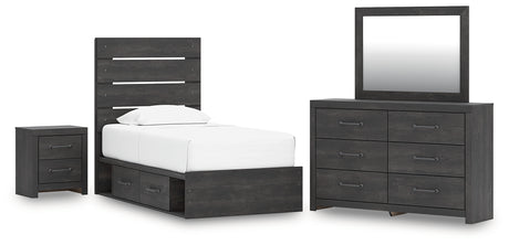 Hollivern 6-Piece Twin Panel Storage Bed with Mirrored Dresser and Nightstand (Platform Twin Roll Slats, Twin/Full Side Storage with Rail, Twin Panel Headboard/Footboard, Dresser, Bedroom Mirror, Nightstand)