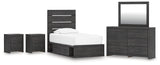 Hollivern 7-Piece Twin Panel Storage Bed with Mirrored Dresser and 2 Nightstands (Platform Twin Roll Slats, Twin/Full Side Storage with Rail, Twin Panel Headboard/Footboard, Dresser, Bedroom Mirror, Nightstand, Nightstand)