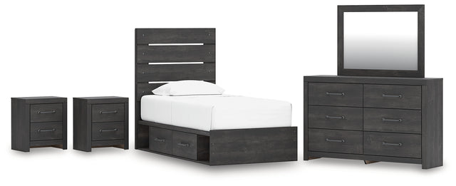 Hollivern 7-Piece Twin Panel Storage Bed with Mirrored Dresser and 2 Nightstands (Platform Twin Roll Slats, Twin/Full Side Storage with Rail, Twin Panel Headboard/Footboard, Dresser, Bedroom Mirror, Nightstand, Nightstand)