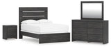 Hollivern 5-Piece Full Panel Bed with Mirrored Dresser and Nightstand (Full Panel Headboard/Footboard, Full Panel Rails, Dresser, Bedroom Mirror, Nightstand)