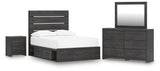 Hollivern 6-Piece Full Panel Bed with Storage with Mirrored Dresser and Nightstand (Platform Full Roll Slats, Twin/Full Side Storage with Rail, Full Panel Headboard/Footboard, Dresser, Bedroom Mirror, Nightstand)