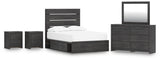 Hollivern 7-Piece Full Panel Bed with Storage with Mirrored Dresser and 2 Nightstands (Platform Full Roll Slats, Twin/Full Side Storage with Rail, Full Panel Headboard/Footboard, Dresser, Bedroom Mirror, Nightstand, Nightstand)