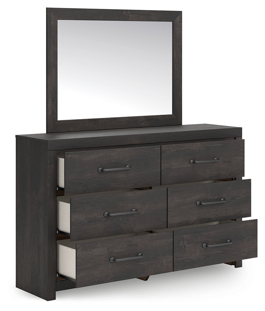 Hollivern 7-Piece Twin Panel Bed with Mirrored Dresser, Chest and 2 Nightstands (Twin Panel Headboard/Footboard, Twin Panel Rails, Dresser, Bedroom Mirror, Chest of Drawers, Nightstand, Nightstand)