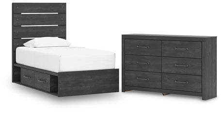 Hollivern 4-Piece Twin Panel Storage Bed with Dresser (Platform Twin Roll Slats, Twin/Full Side Storage with Rail, Twin Panel Headboard/Footboard, Dresser)