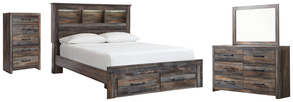 Drystan 6-Piece Queen Bookcase Bed with 2 Storage Drawers with Mirrored Dresser and Chest (Chest of Drawers, Dresser, Bedroom Mirror, Queen Storage Footboard, Queen Bookcase Headboard, Queen Panel Rails)