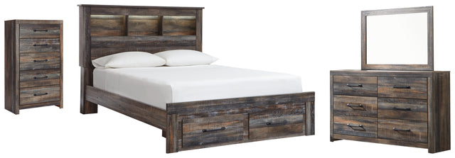 Drystan 6-Piece Queen Bookcase Bed with 2 Storage Drawers with Mirrored Dresser and Chest (Chest of Drawers, Dresser, Bedroom Mirror, Queen Storage Footboard, Queen Bookcase Headboard, Queen Panel Rails)