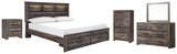 Drystan 7-Piece King Bookcase Bed with 2 Storage Drawers with Mirrored Dresser, Chest and Nightstand (Chest of Drawers, Nightstand, Dresser, Bedroom Mirror, King Storage Footboard, King/California King Bookcase Headboard, King Panel Rails)