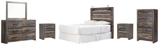 Drystan 6-Piece Queen Panel Headboard with Mirrored Dresser, Chest and 2 Nightstands (Queen Panel Headboard, Dresser, Bedroom Mirror, Chest of Drawers, Nightstand, Nightstand)