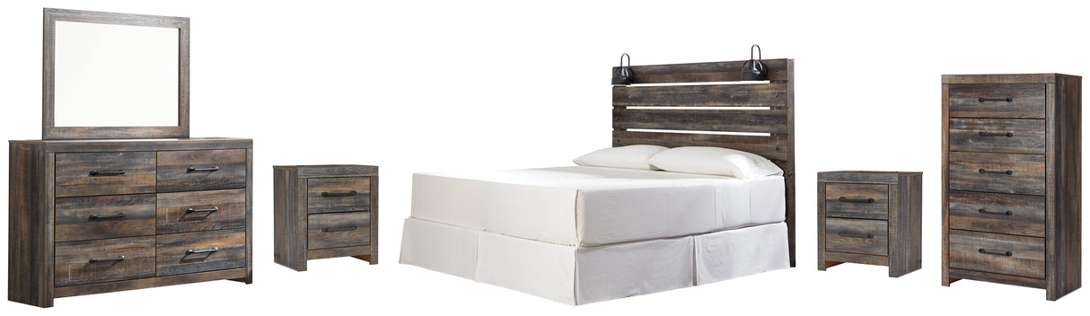 Drystan 6-Piece King Panel Headboard with Mirrored Dresser, Chest and 2 Nightstands (King Panel Headboard, Dresser, Bedroom Mirror, Chest of Drawers, Nightstand, Nightstand)