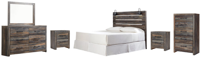 Drystan 6-Piece King Panel Headboard with Mirrored Dresser, Chest and 2 Nightstands (King Panel Headboard, Dresser, Bedroom Mirror, Chest of Drawers, Nightstand, Nightstand)