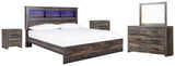 Drystan 7-Piece King Panel Bookcase Bed with Mirrored Dresser and 2 Nightstands (Dresser, Bedroom Mirror, King Panel Footboard, King/California King Bookcase Headboard, King Panel Rails, Nightstand, Nightstand)