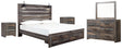 Drystan 7-Piece King Panel Bed with Storage with Mirrored Dresser and 2 Nightstands (Dresser, Bedroom Mirror, King Panel Headboard, King Panel Rails, King Storage Footboard, Nightstand, Nightstand)