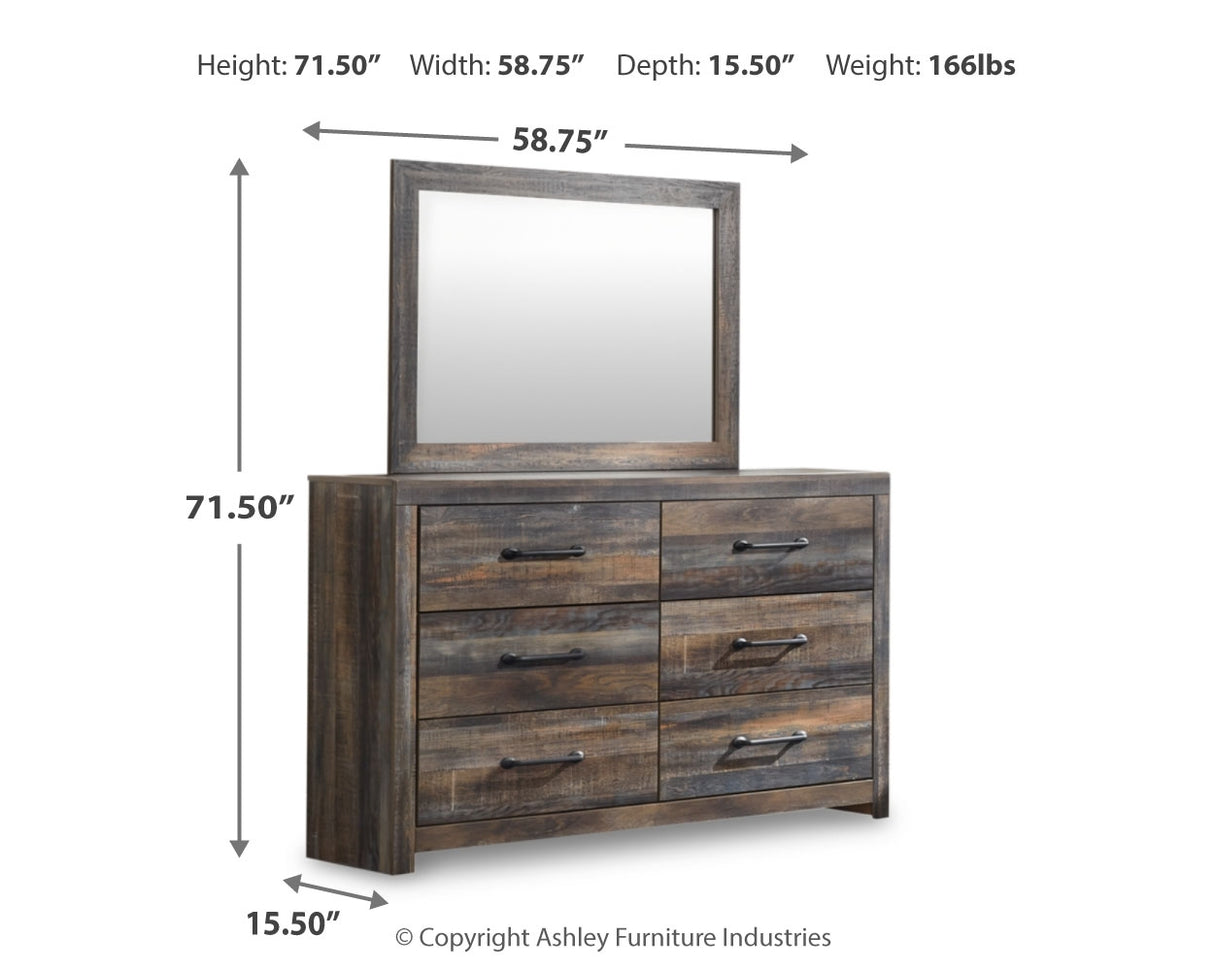Drystan 5-Piece Queen Panel Bed with 2 Storage Drawers with Mirrored Dresser (Dresser, Bedroom Mirror, Queen Panel Headboard, Queen Panel Rails, Queen Storage Footboard)