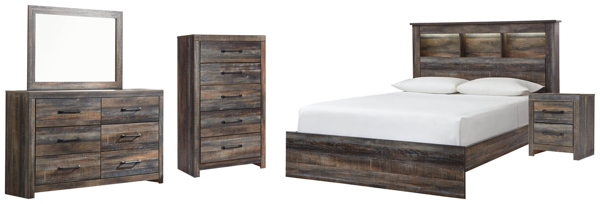 Drystan 7-Piece Queen Bookcase Bed with Mirrored Dresser, Chest and Nightstand (Chest of Drawers, Nightstand, Dresser, Bedroom Mirror, Queen Panel Footboard, Queen Panel Rails, Queen Bookcase Headboard)