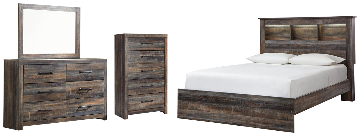 Drystan 6-Piece Queen Bookcase Bed with Mirrored Dresser and Chest (Chest of Drawers, Dresser, Bedroom Mirror, Queen Panel Footboard, Queen Panel Rails, Queen Bookcase Headboard)