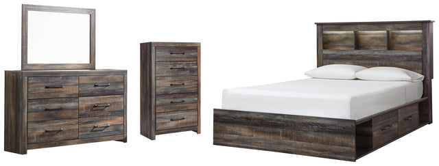 Drystan 7-Piece Queen Bookcase Bed with 2 Storage Drawers with Mirrored Dresser and Chest (Chest of Drawers, Dresser, Bedroom Mirror, Platform Queen Roll Slats, Queen Panel Footboard, Queen Bookcase Headboard, Queen/King Side Storage with Rails)