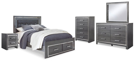 Lodanna 7-Piece Queen Panel Bed with 2 Storage Drawers with Mirrored Dresser, Chest and Nightstand (Chest of Drawers, Nightstand, Dresser, Bedroom Mirror, Queen Storage Footboard, Queen Upholstered Panel Headboard, Queen Panel Rails)