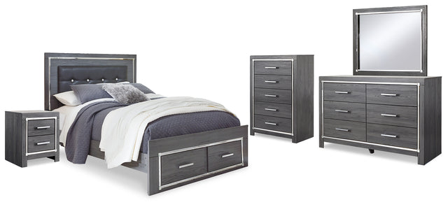 Lodanna 7-Piece Queen Panel Bed with 2 Storage Drawers with Mirrored Dresser, Chest and Nightstand (Chest of Drawers, Nightstand, Dresser, Bedroom Mirror, Queen Storage Footboard, Queen Upholstered Panel Headboard, Queen Panel Rails)
