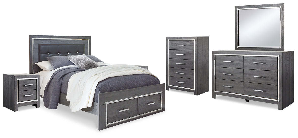 Lodanna 8-Piece Queen Panel Bed with 2 Storage Drawers with Mirrored Dresser, Chest and 2 Nightstands (Chest of Drawers, Dresser, Bedroom Mirror, Queen Storage Footboard, Queen Upholstered Panel Headboard, Queen Panel Rails, Nightstand, Nightstand)