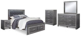 Lodanna 8-Piece Queen Panel Bed with 2 Storage Drawers with Mirrored Dresser, Chest and 2 Nightstands (Chest of Drawers, Dresser, Bedroom Mirror, Queen Storage Footboard, Queen Upholstered Panel Headboard, Queen Panel Rails, Nightstand, Nightstand)