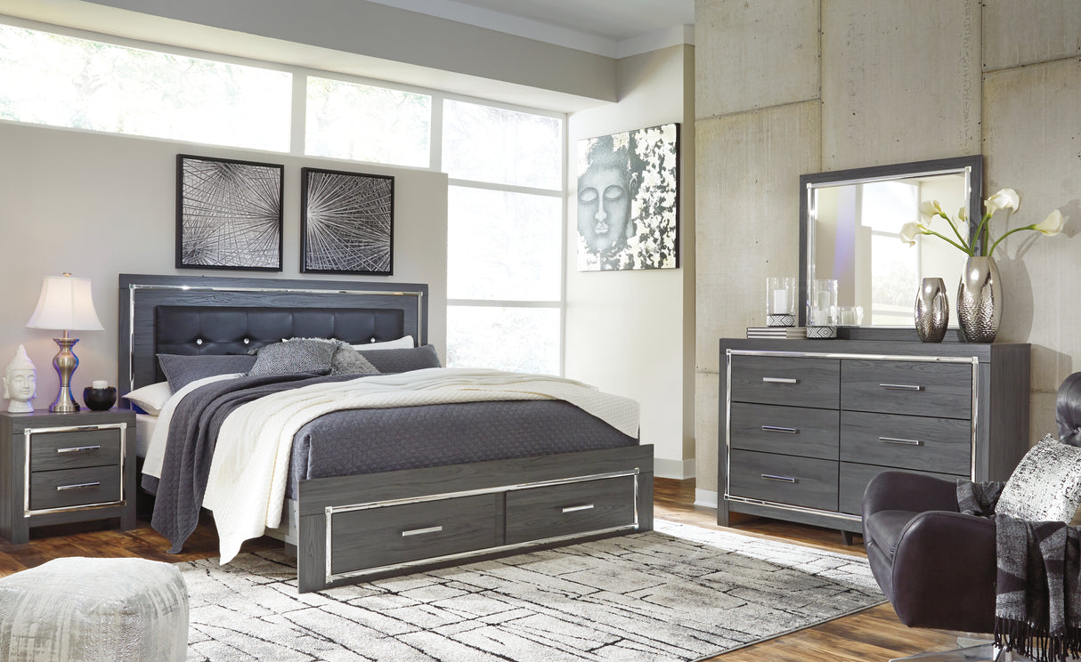Lodanna 7-Piece King Panel Bed with 2 Storage Drawers with Mirrored Dresser, Chest and Nightstand (Chest of Drawers, Nightstand, Dresser, Bedroom Mirror, King Storage Footboard, King/California King Upholstered Panel Headboard, King Panel Rails)