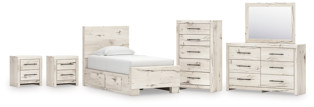 Lawroy 10-Piece Twin Panel Bed with Mirrored Dresser, Chest and 2 Nightstands (Platform Twin Roll Slats, Underbed Storage, Underbed Storage, Twin Panel Footboard, Twin Panel Headboard, Dresser, Bedroom Mirror, Chest of Drawers, Nightstand, Nightstand)