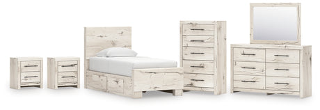 Lawroy 10-Piece Twin Panel Bed with Mirrored Dresser, Chest and 2 Nightstands (Platform Twin Roll Slats, Underbed Storage, Underbed Storage, Twin Panel Footboard, Twin Panel Headboard, Dresser, Bedroom Mirror, Chest of Drawers, Nightstand, Nightstand)
