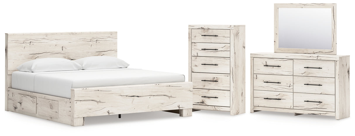 Lawroy 8-Piece King Panel Bed with Mirrored Dresser and Chest (Platform King Roll Slats, King Panel Footboard, King Panel Headboard, Queen/King Under Bed Storage, Queen/King Under Bed Storage, Dresser, Bedroom Mirror, Chest of Drawers)