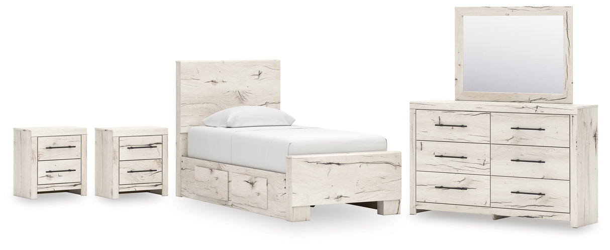 Lawroy 9-Piece Twin Panel Bed with Mirrored Dresser and 2 Nightstands (Platform Twin Roll Slats, Underbed Storage, Underbed Storage, Twin Panel Footboard, Twin Panel Headboard, Dresser, Bedroom Mirror, Nightstand, Nightstand)