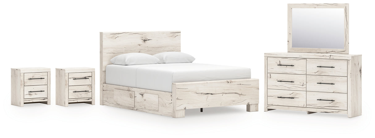 Lawroy 9-Piece Queen Panel Bed with Mirrored Dresser and 2 Nightstands (Platform Queen Roll Slats, Queen Panel Footboard, Queen Panel Headboard, Queen/King Under Bed Storage, Queen/King Platform Rails, Dresser, Bedroom Mirror, Nightstand, Nightstand)