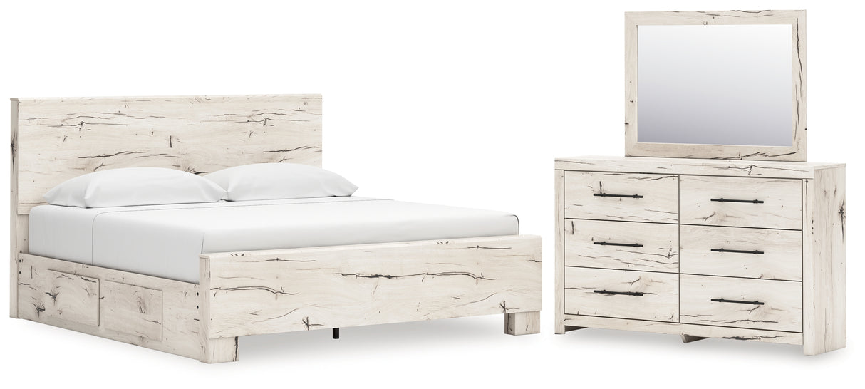 Lawroy 9-Piece King Panel Bed with Mirrored Dresser and 2 Nightstands (Platform King Roll Slats, King Panel Footboard, King Panel Headboard, Queen/King Under Bed Storage, Queen/King Platform Rails, Dresser, Bedroom Mirror, Nightstand, Nightstand)