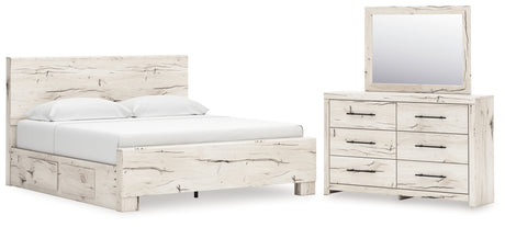 Lawroy 9-Piece King Panel Bed with Mirrored Dresser and 2 Nightstands (Platform King Roll Slats, King Panel Footboard, King Panel Headboard, Queen/King Under Bed Storage, Queen/King Platform Rails, Dresser, Bedroom Mirror, Nightstand, Nightstand)